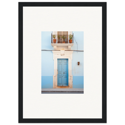 Blue wooden door with white stone trim and balcony in Ethereal Azul Entrance art