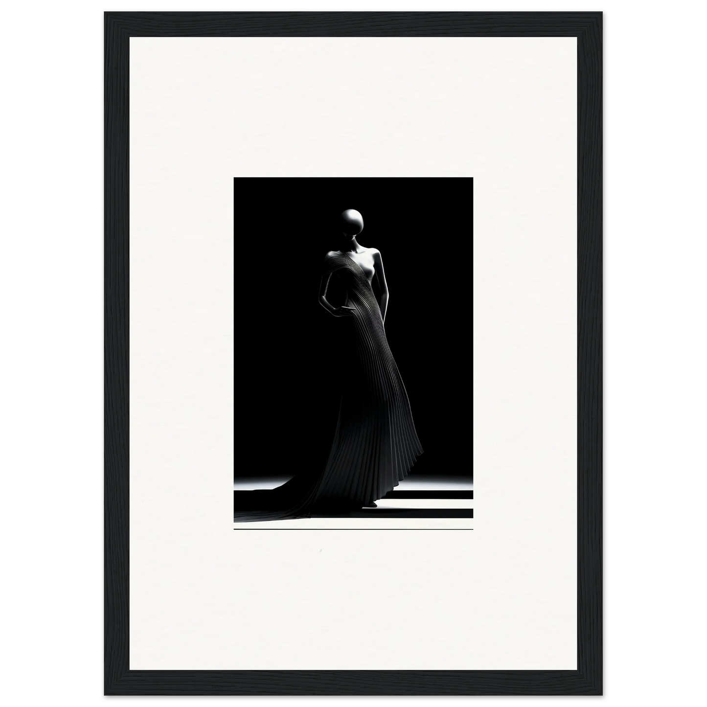 Elegant black and white shot of a figure in flowing gown for Echoes Velvet Mirage