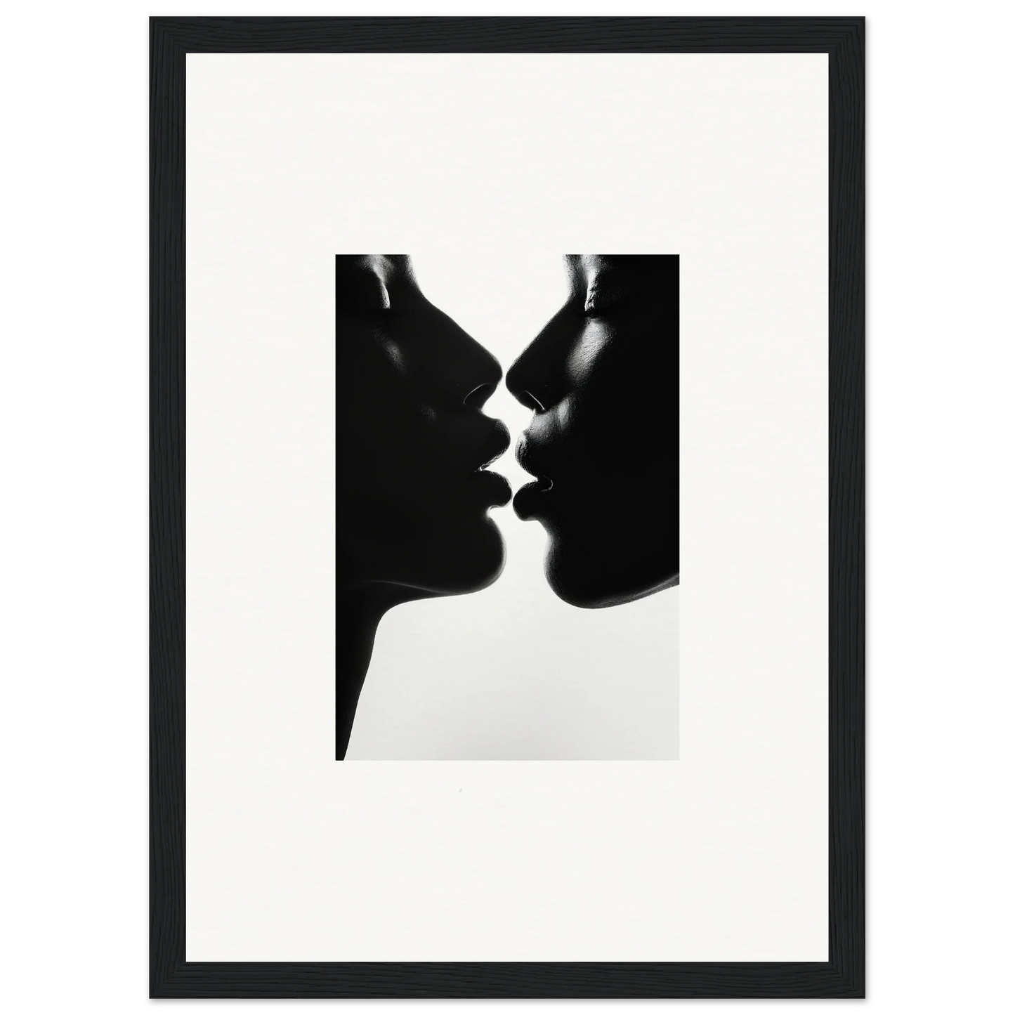 Two silhouetted profiles about to kiss in Luminous Midnight Kiss framed wall art