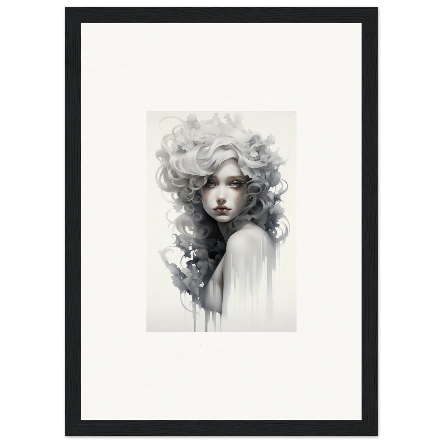 Black and white watercolor portrait with flowing hair from Visions Veil Morphling art