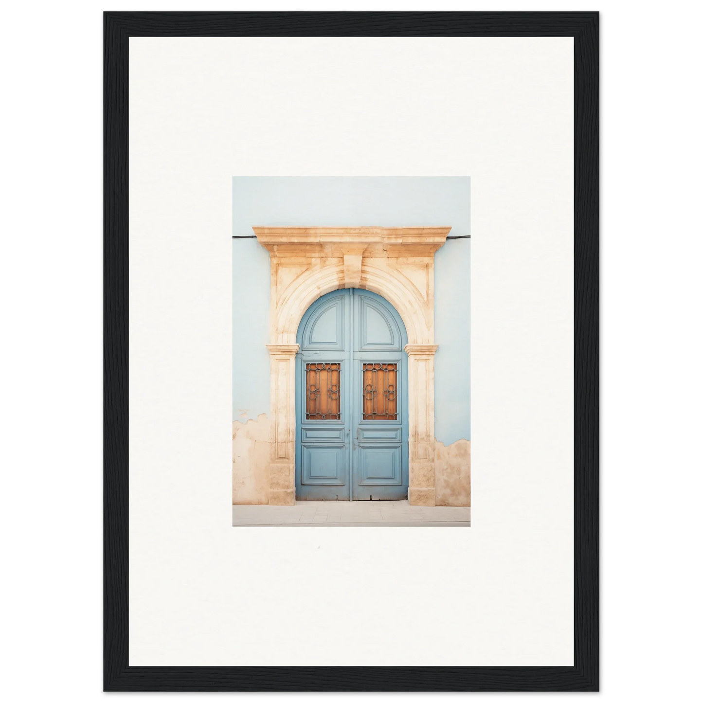 Light blue double door with ornate peach stone archway for Threshold of Echoes art