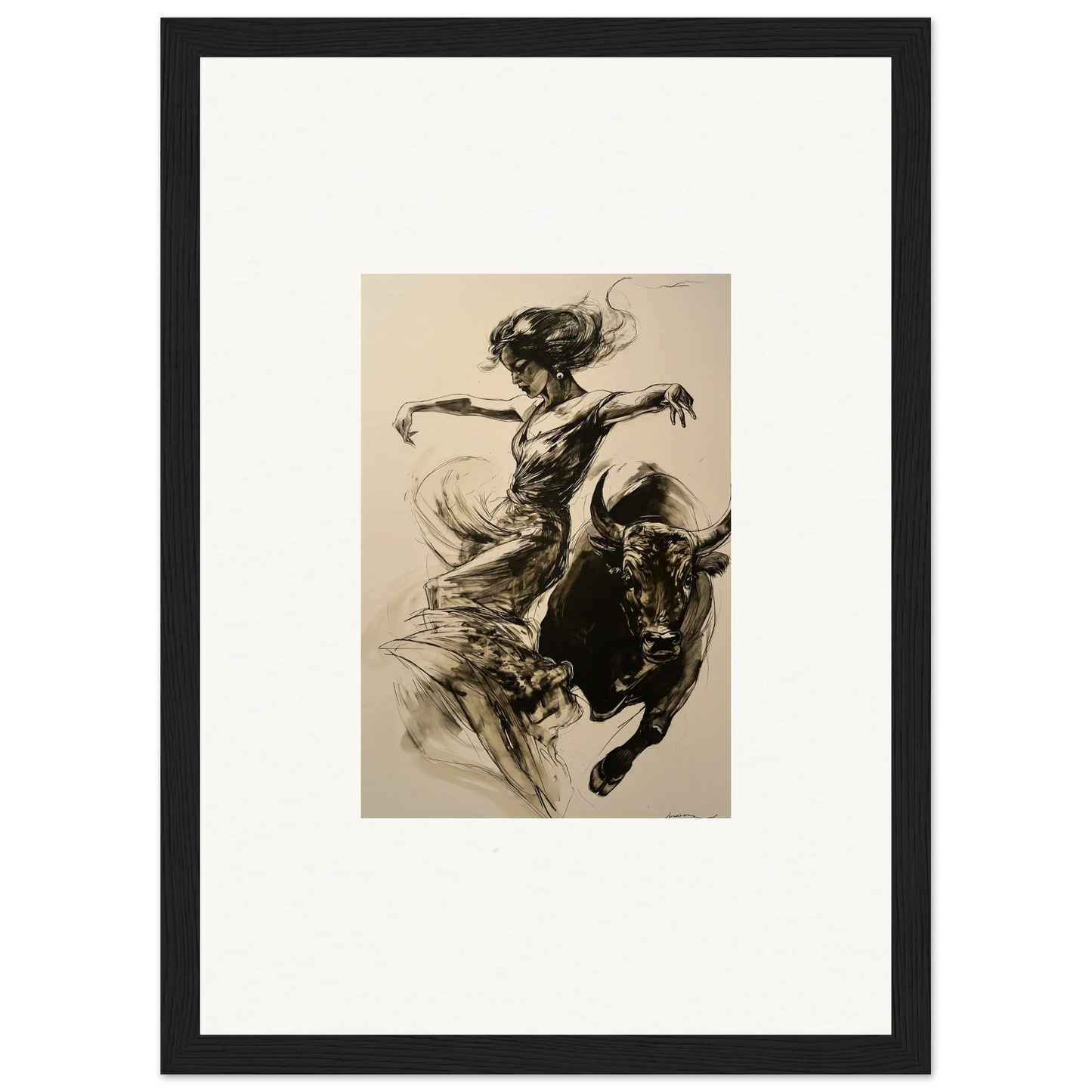 Dynamic black and white sketch of a bullfighter and bull, Resilient Dancer Flame art