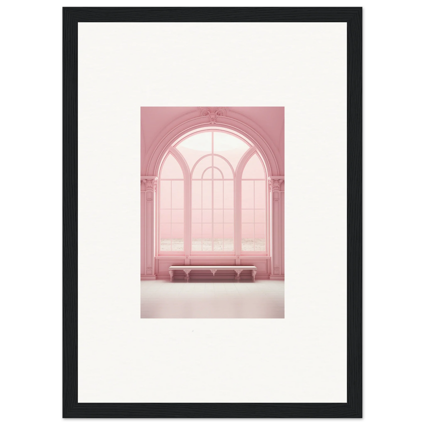 Arched window with soft pink panes in Solitude’s Rosy Asana framed wall art