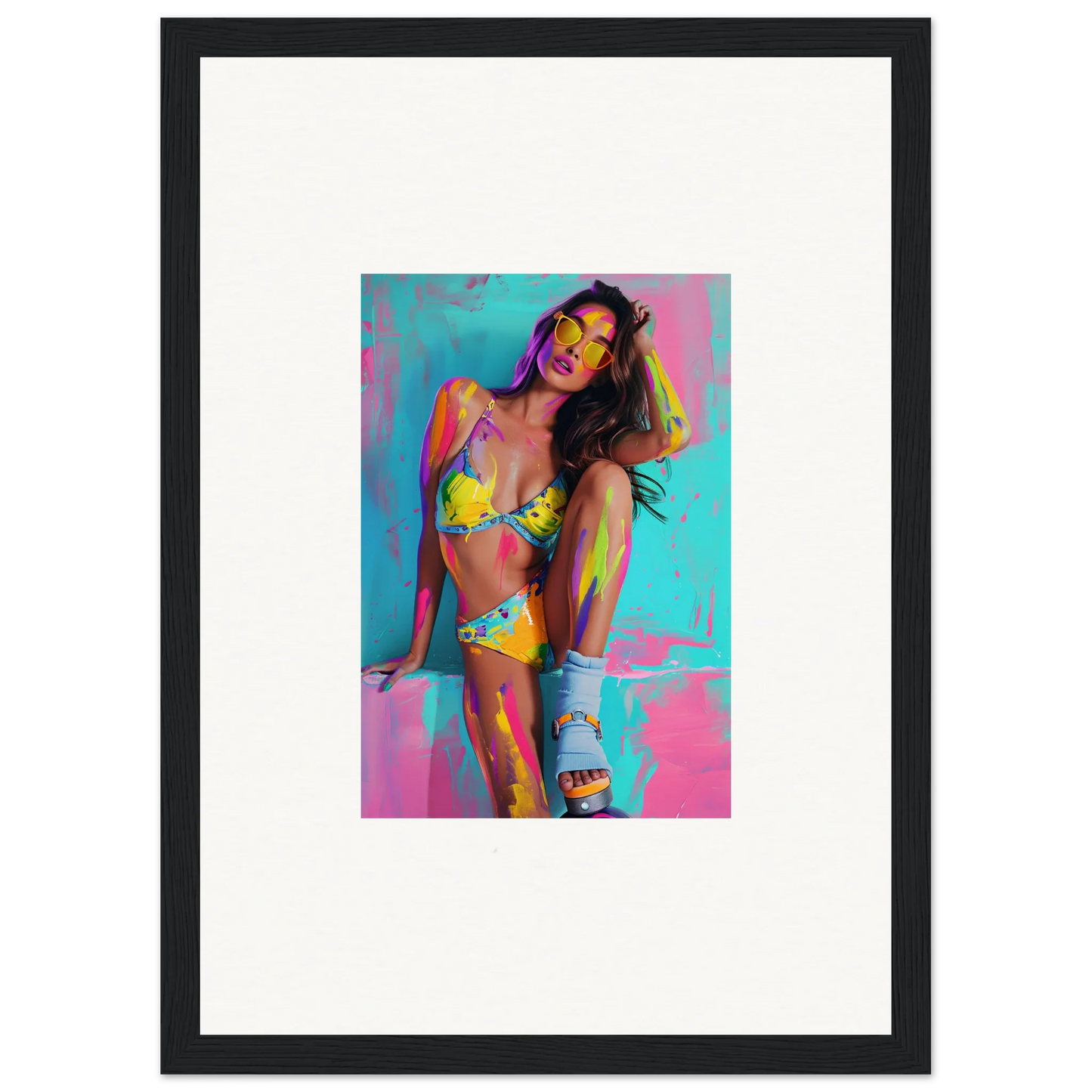 Colorful woman in a yellow bikini with paint splashes, perfect for wall art