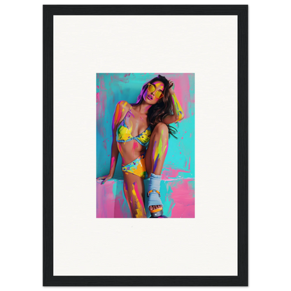 Colorful woman in a yellow bikini with paint splashes, perfect for wall art