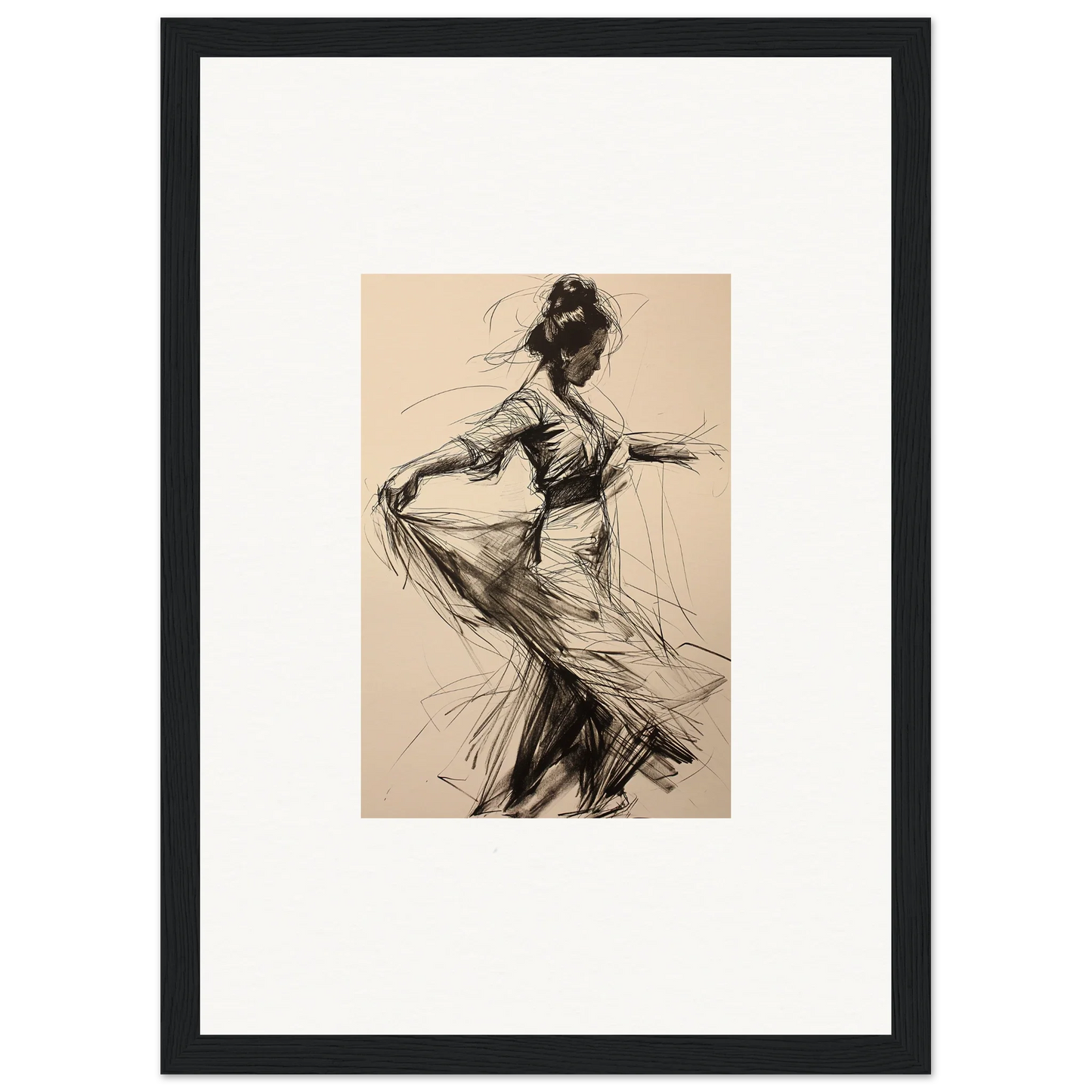 Charcoal sketch of a dancer in flowing dress for Ephemeral Motion Whispers framed wall art