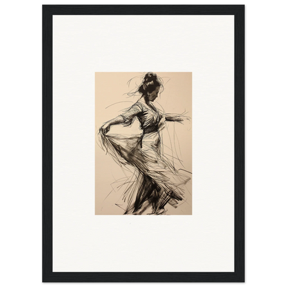 Charcoal sketch of a dancer in flowing dress for Ephemeral Motion Whispers framed wall art