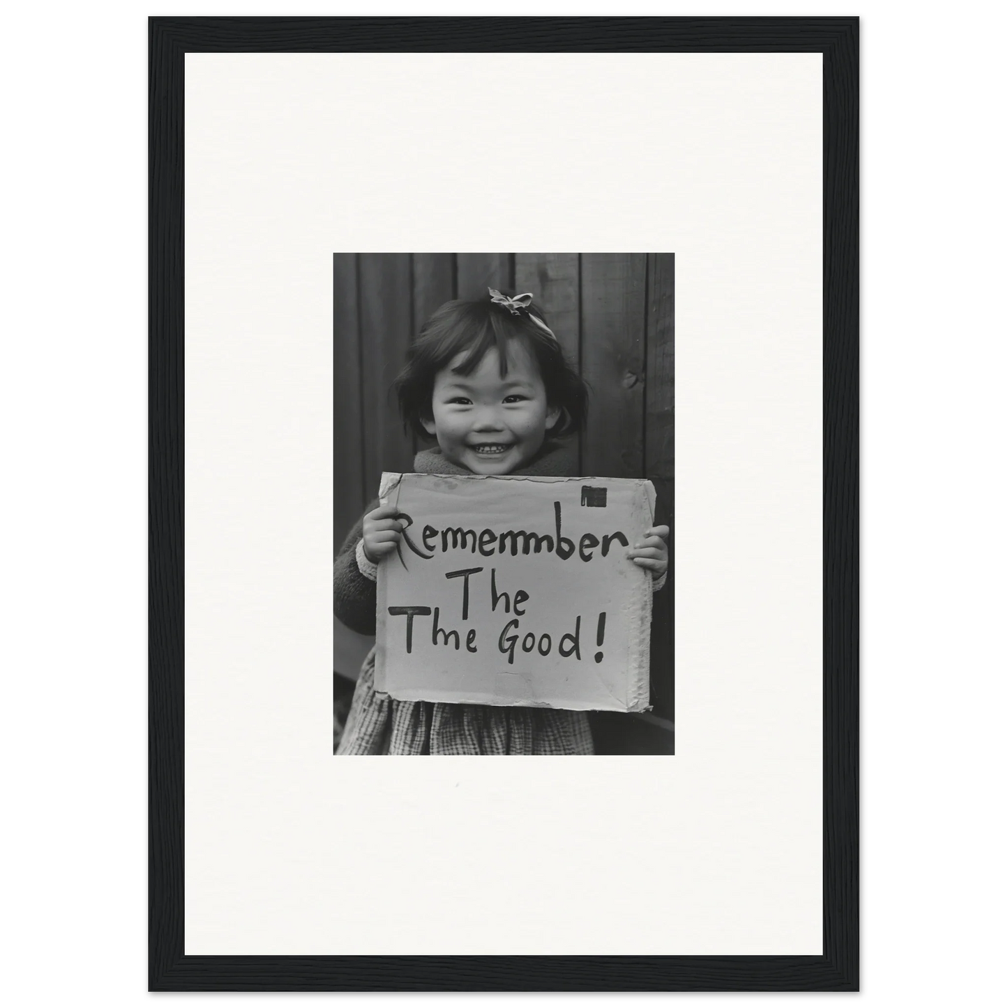 Child holding a sign that says Remember The Good in Timeless Joy Parade framed wall art