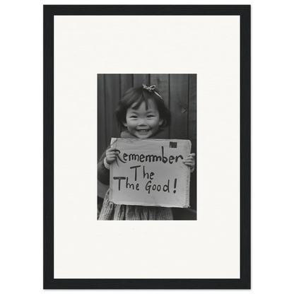 Child holding a sign that says Remember The Good in Timeless Joy Parade framed wall art