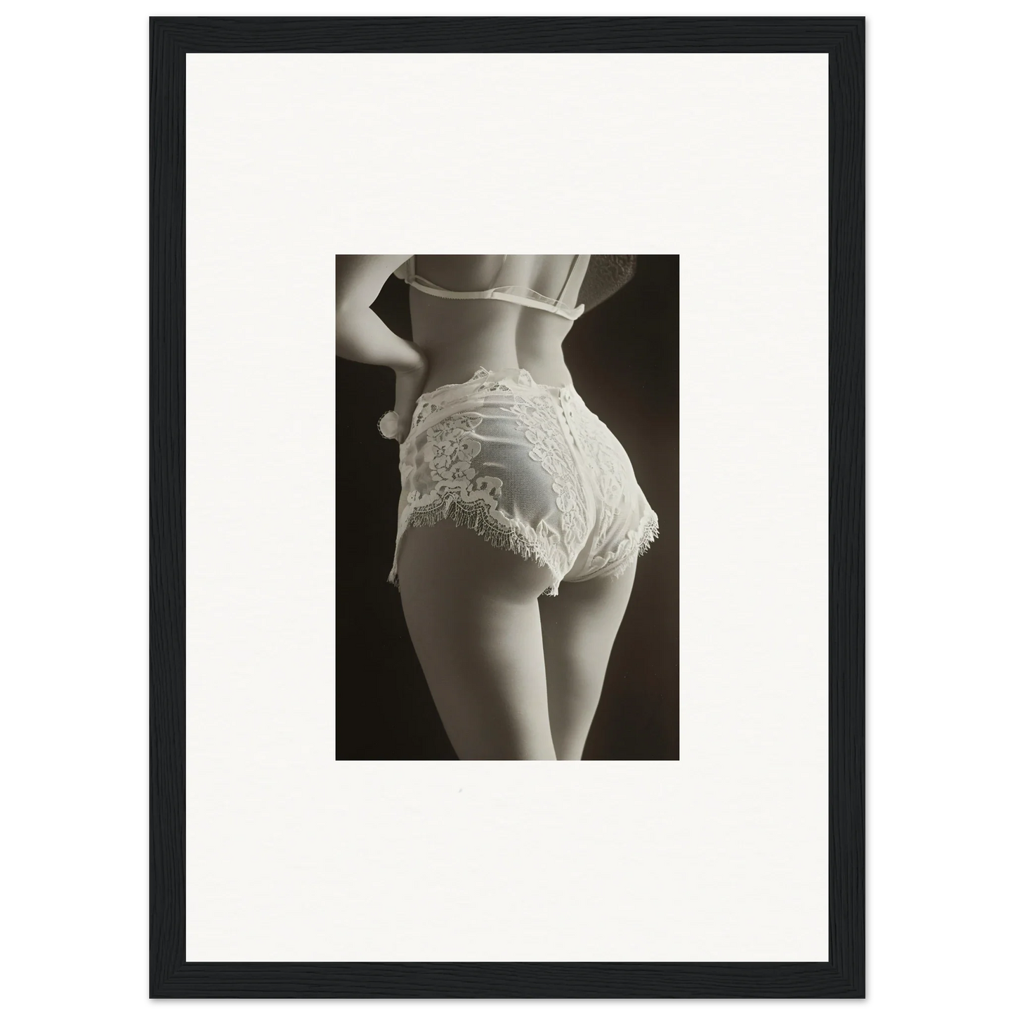 Black and white canvas print of a woman’s back in lace underwear, perfect wall art for room decoration