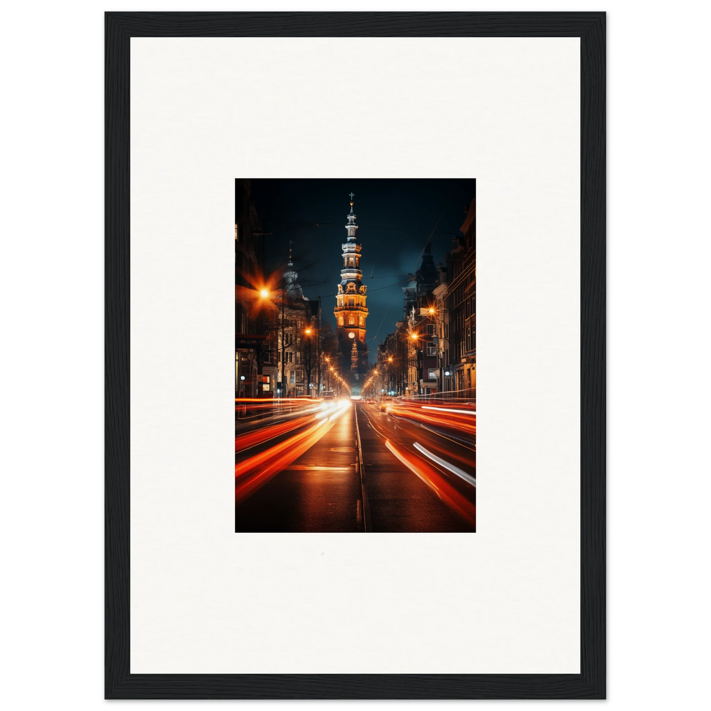 Illuminated church tower at night with traffic light trails in Umbra Urban Nocturne