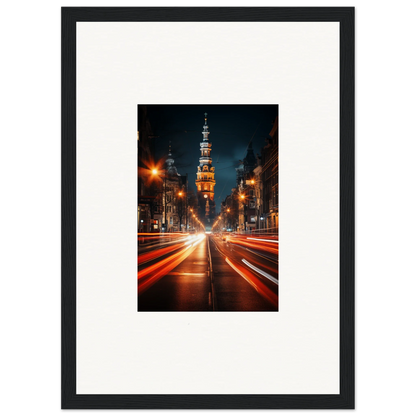 Illuminated church tower at night with traffic light trails in Umbra Urban Nocturne