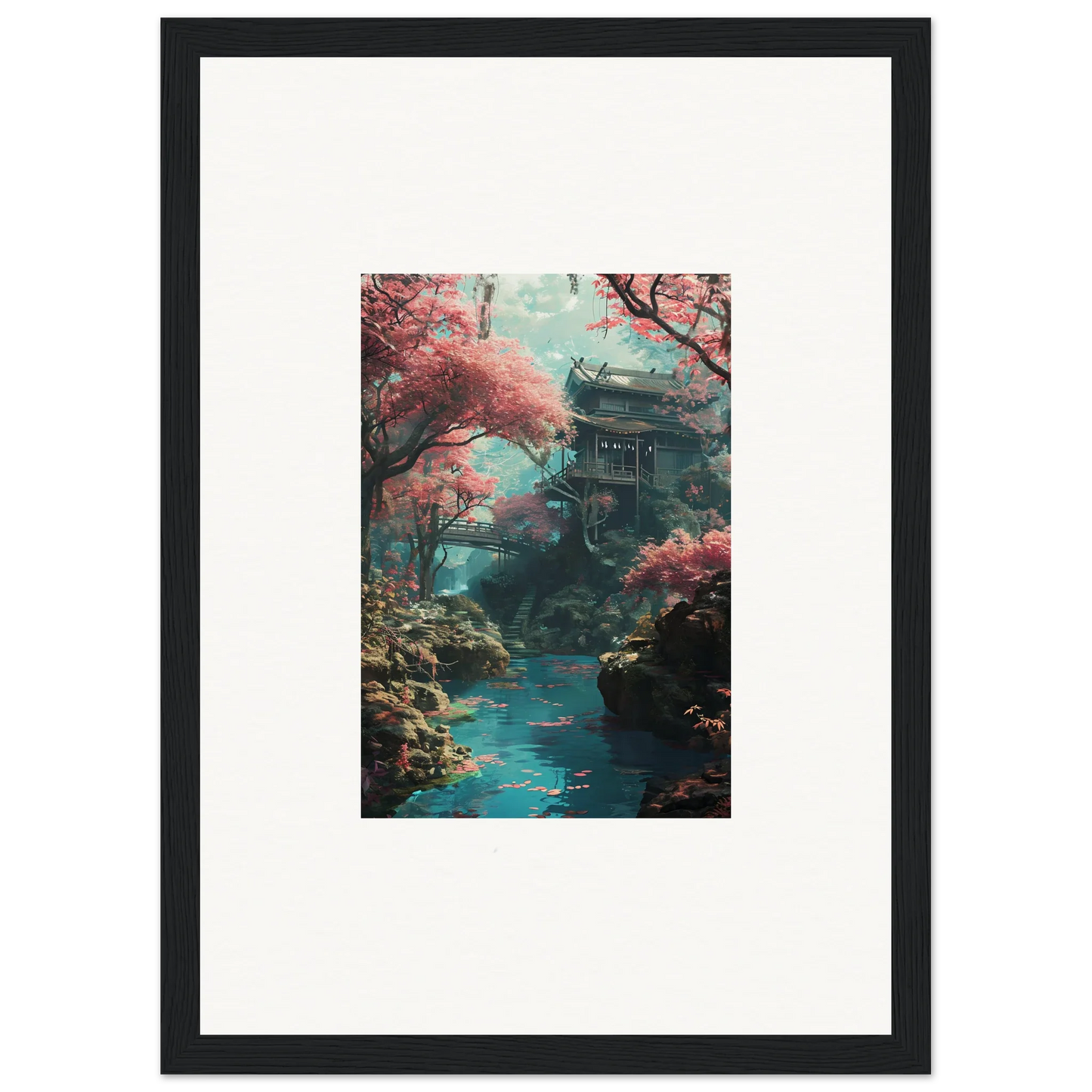 Traditional Japanese pagoda with pink cherry blossoms in framed wall art from Magenta Spirals Oscillate