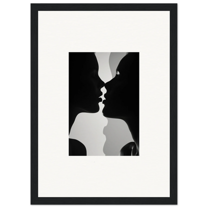 Black and white silhouette of two profiles about to kiss in Nouveau Love Symphony framed wall art