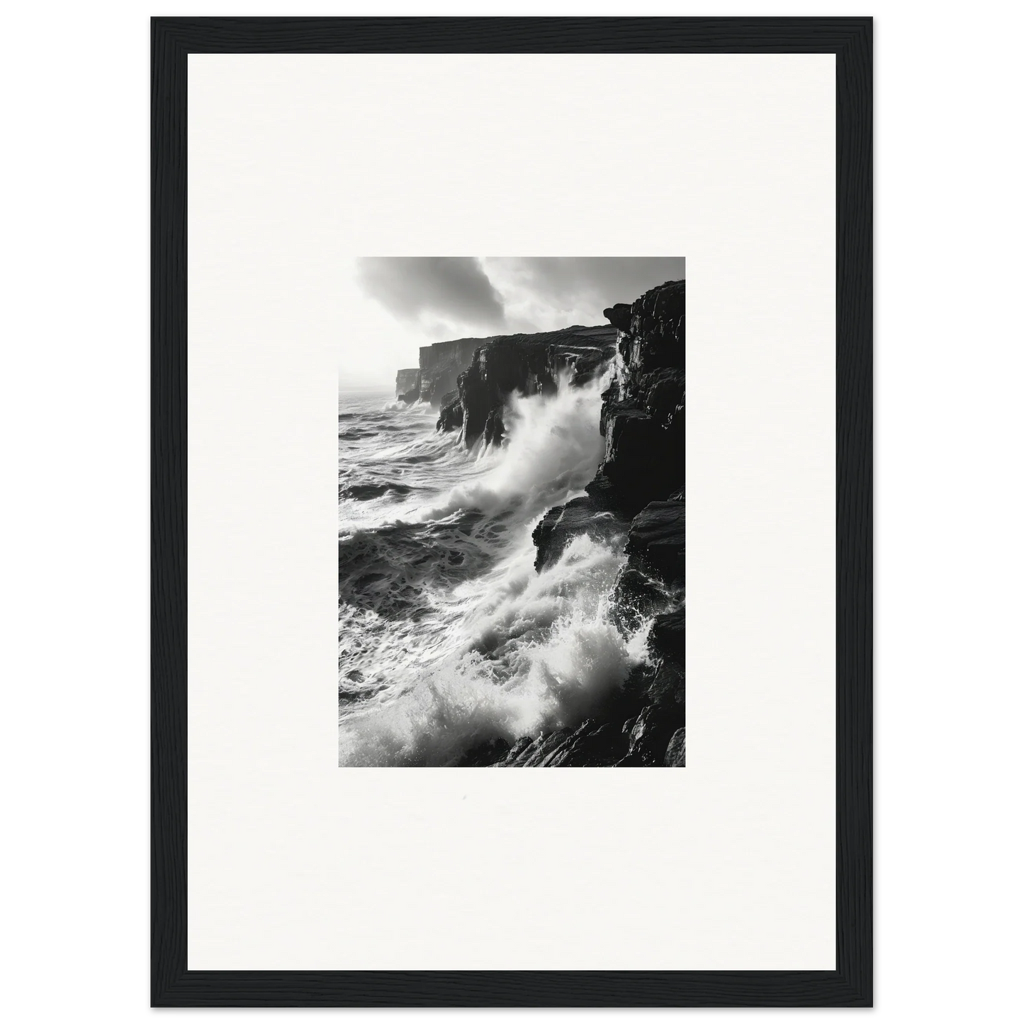 Dramatic black and white waves crashing on cliffs in Rock Impressions special edition art™