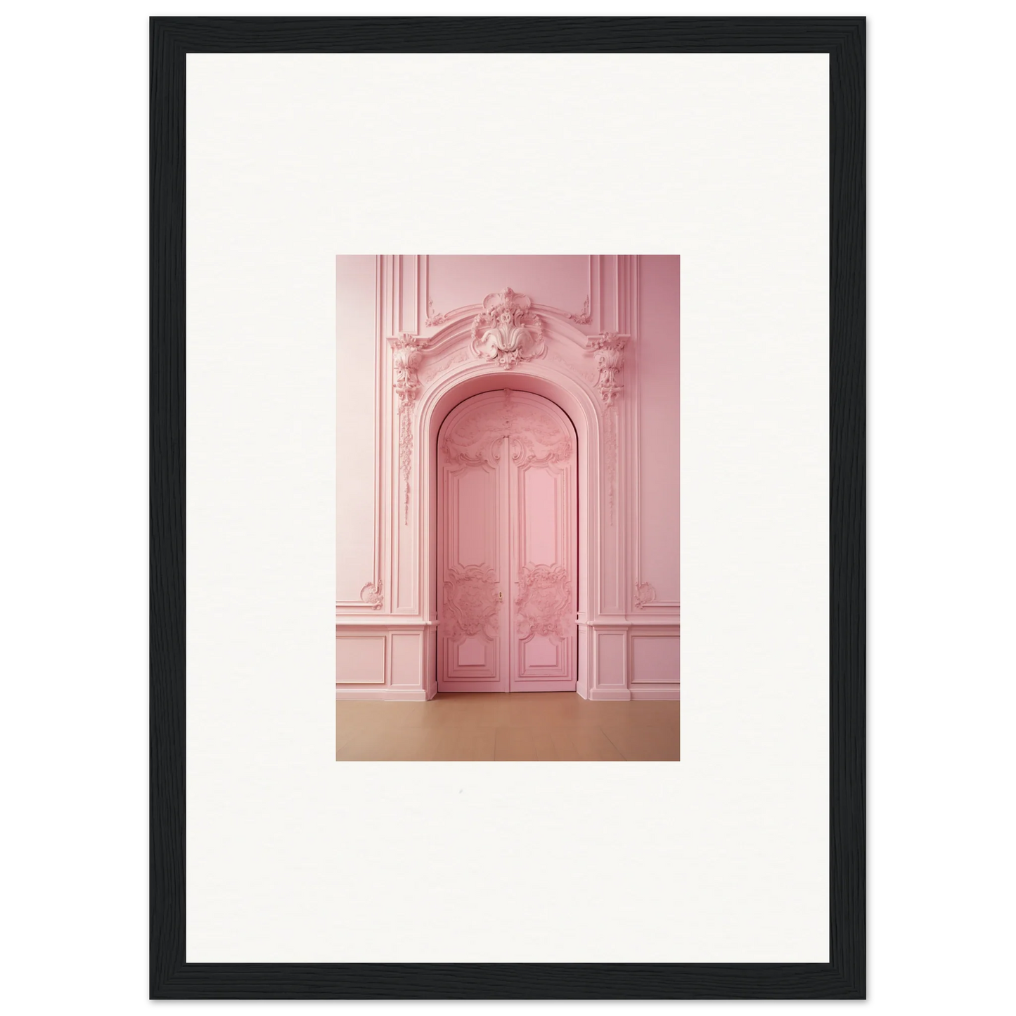 Ornate pink door with rococo-style molding in Gentle Whims Myths premium framed wall art