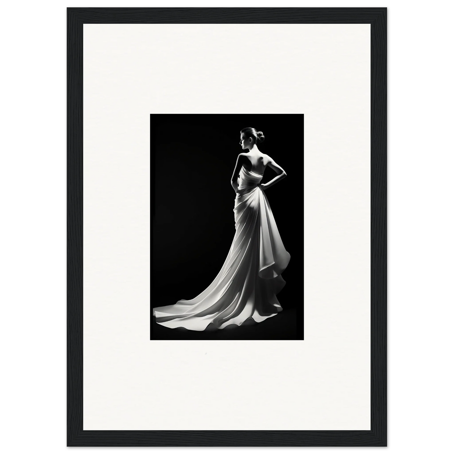 Black and white image of an elegant gown showcasing Ephemeral Grayscale Elegance