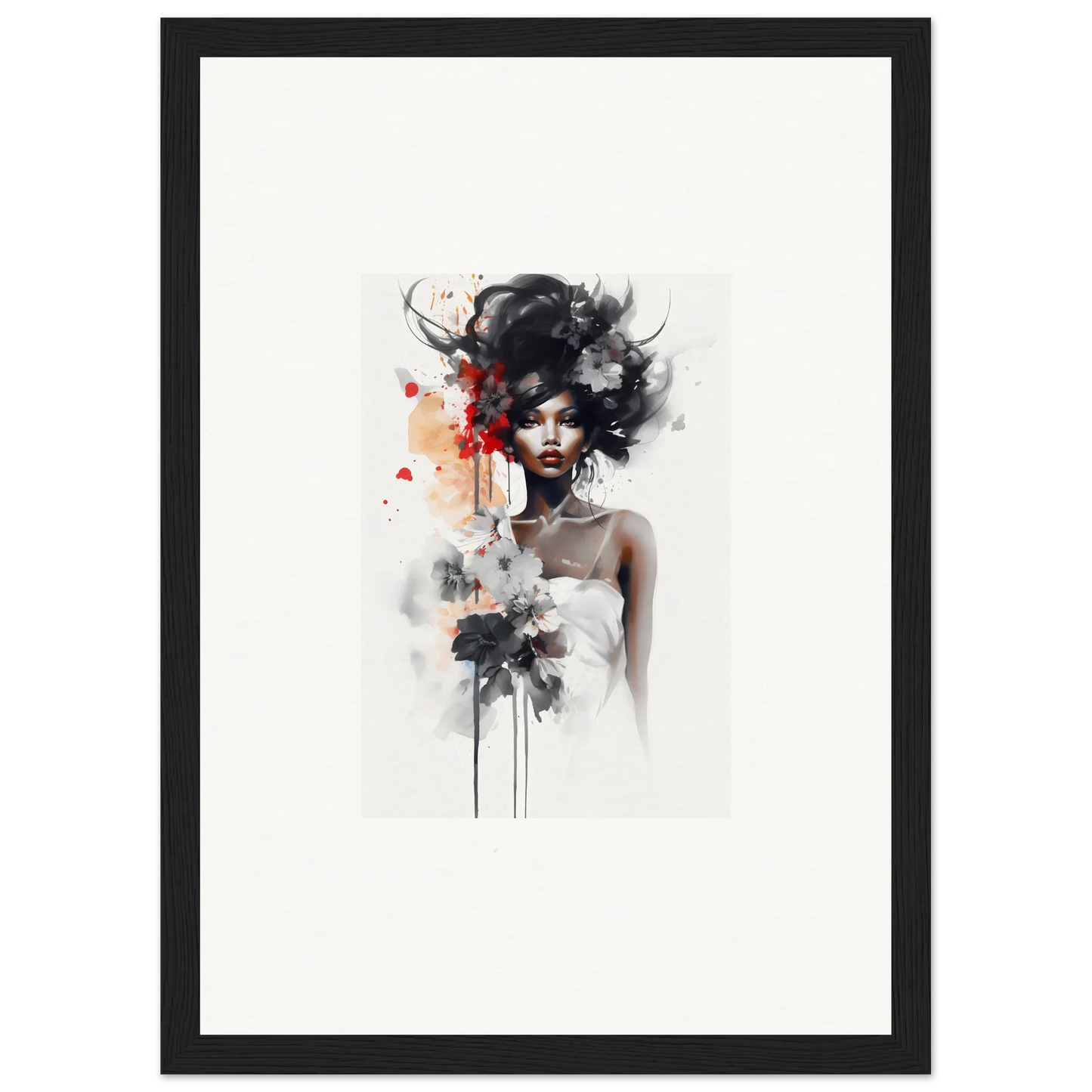 Artistic watercolor portrait of Plume Sultry Reverie showcasing dramatic black hair and a white dress