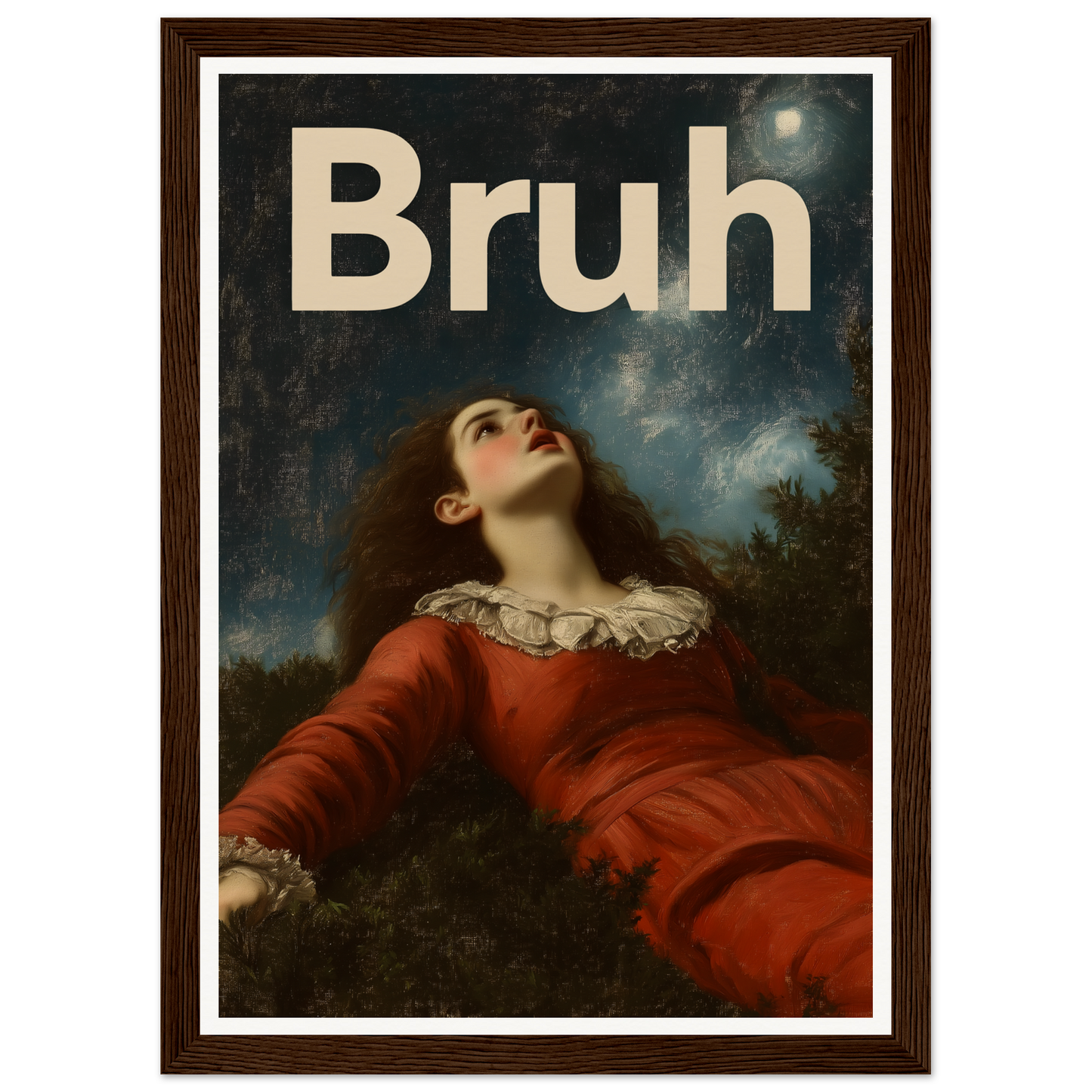 Framed "Bruh Night Bewilderment" wall art showcasing a classic painting style with a humorous twist, perfect for cool home decor.