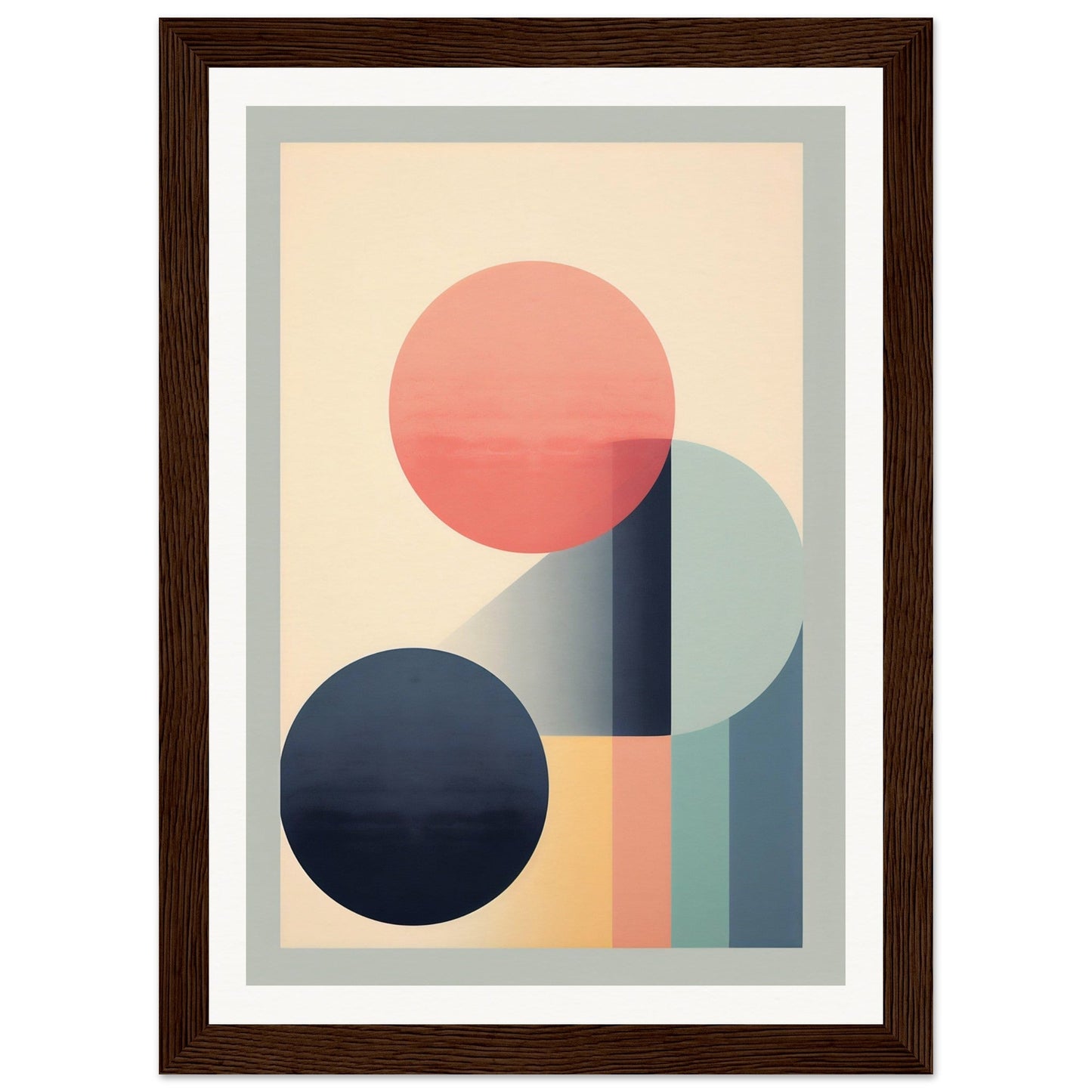 Abstract geometric artwork featuring circles and rectangular shapes in muted pastel colors.