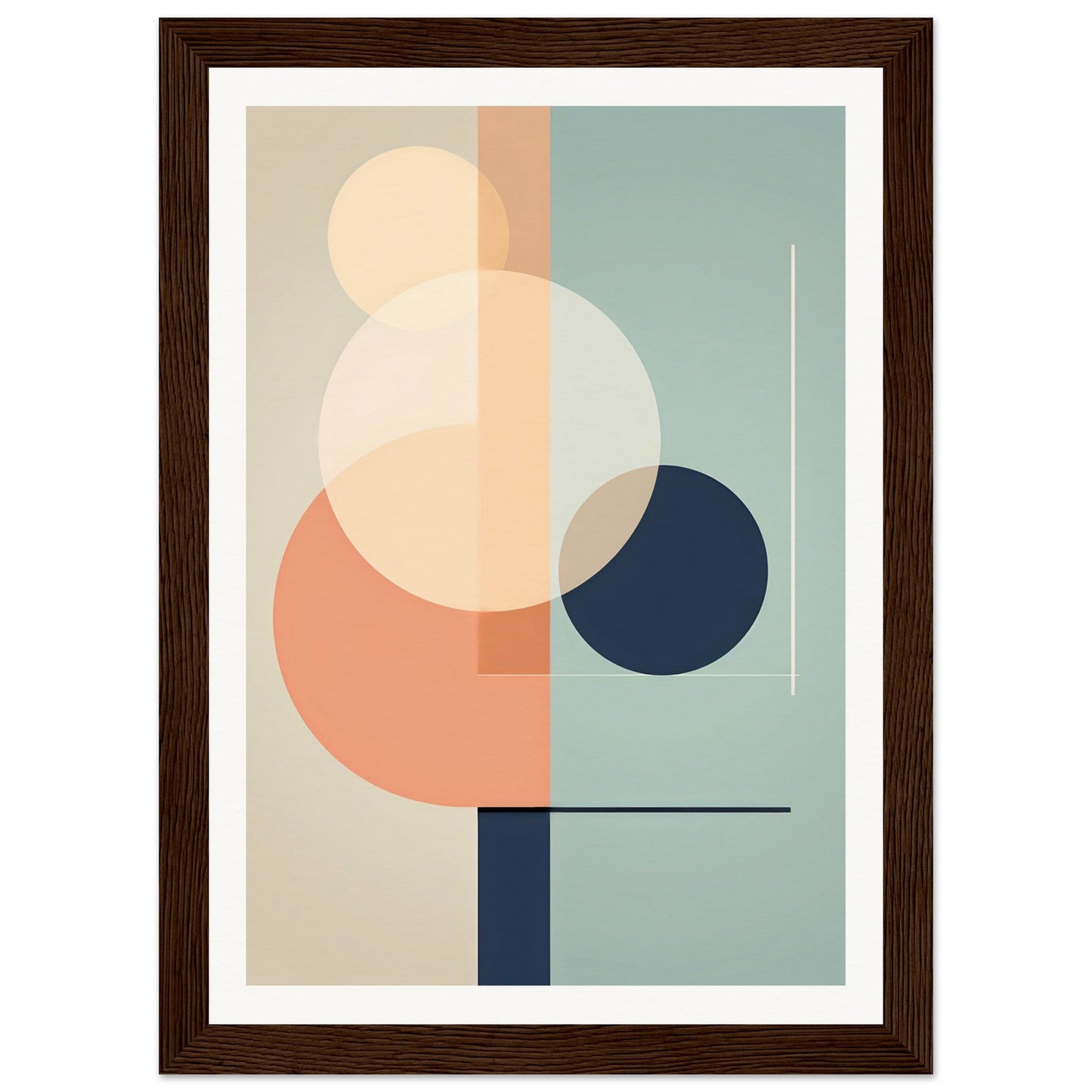 Abstract geometric artwork featuring overlapping circles and rectangles in muted pastel colors.