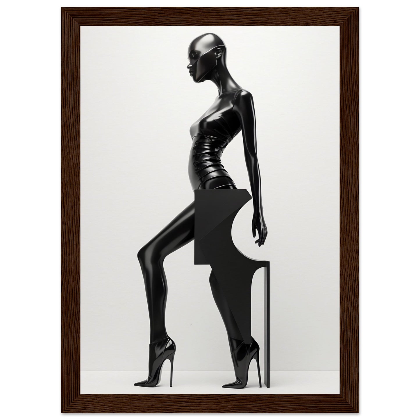 Stylized black silhouette sculpture of a slender female figure in high heels.