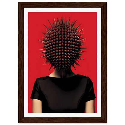 Spiky, spherical headpiece resembling a sea urchin worn by a person in a black shirt against a red background.