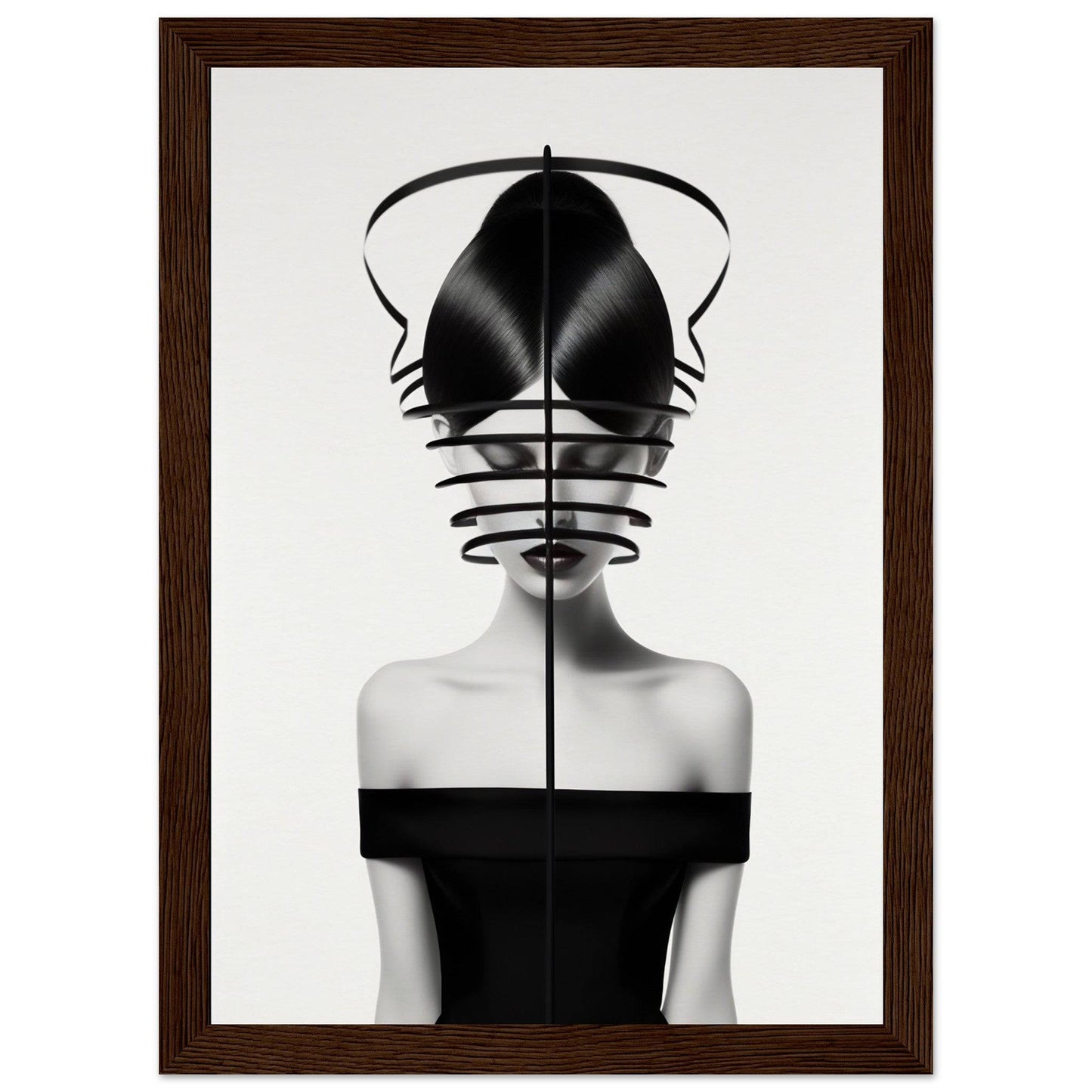 Surrealist black and white portrait of a figure wearing an abstract headdress and off-shoulder top.