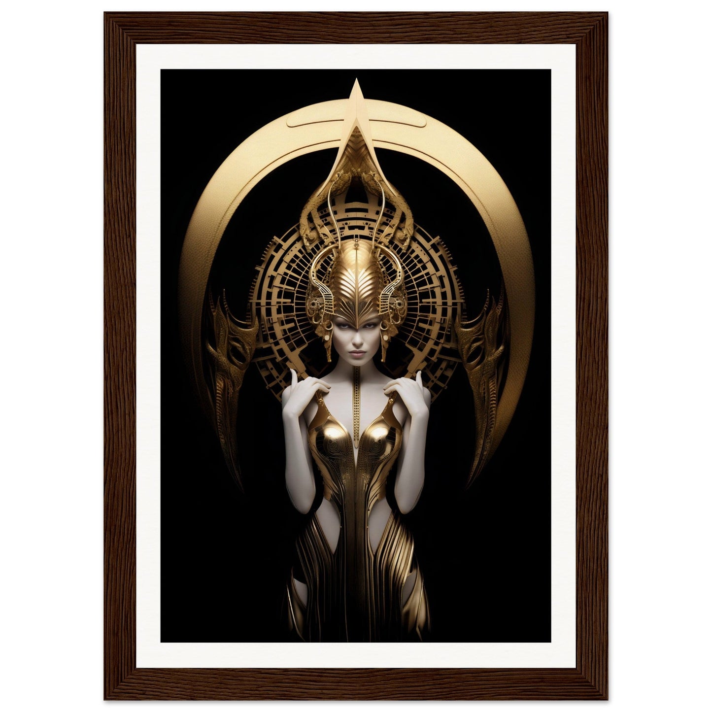 Ornate golden figure with an elaborate headdress and intricate metallic body design against a dark background.