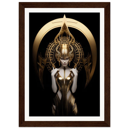 Ornate golden figure with an elaborate headdress and intricate metallic body design against a dark background.