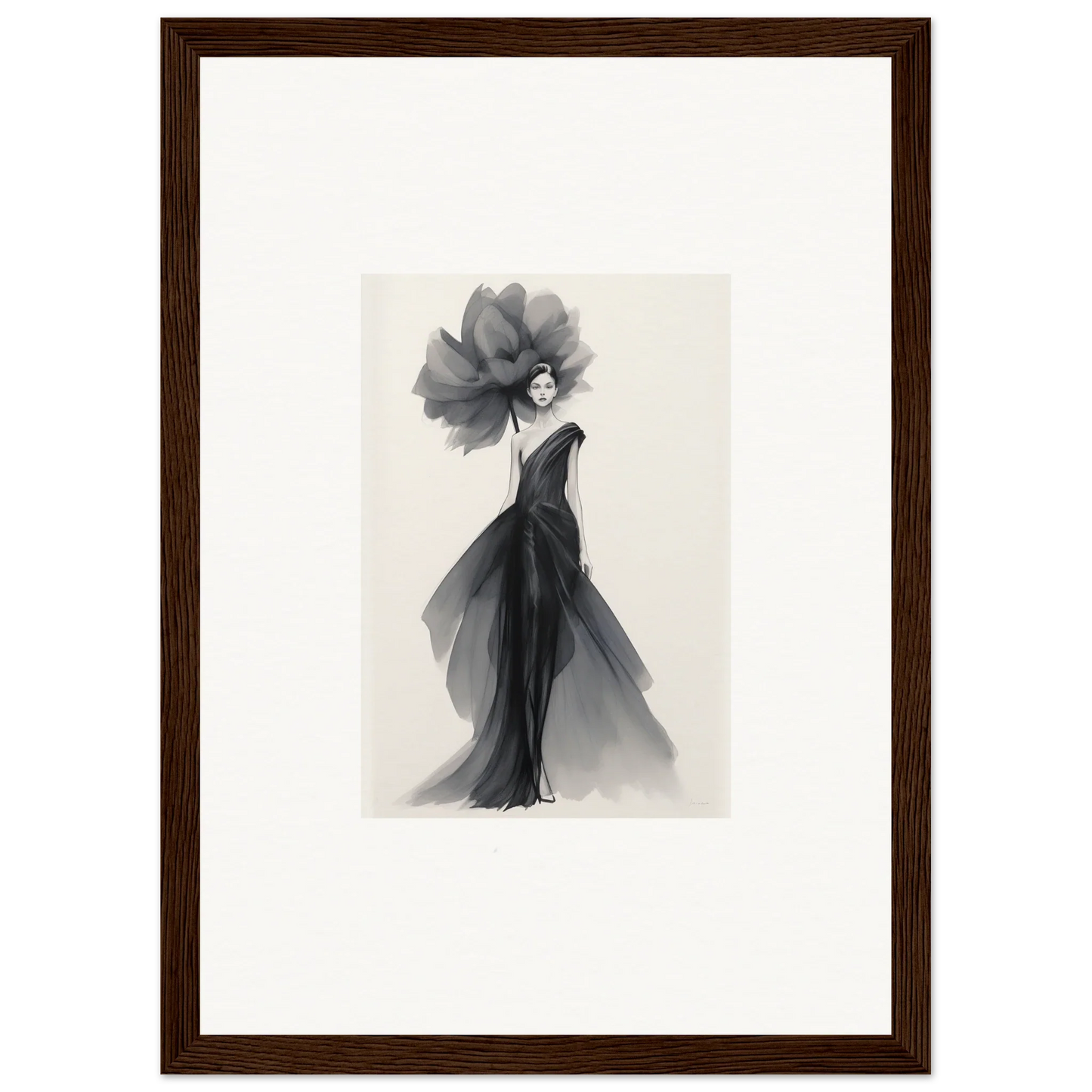 Elegant watercolor fashion illustration of a figure in a black gown for Curtain Bloom Dance