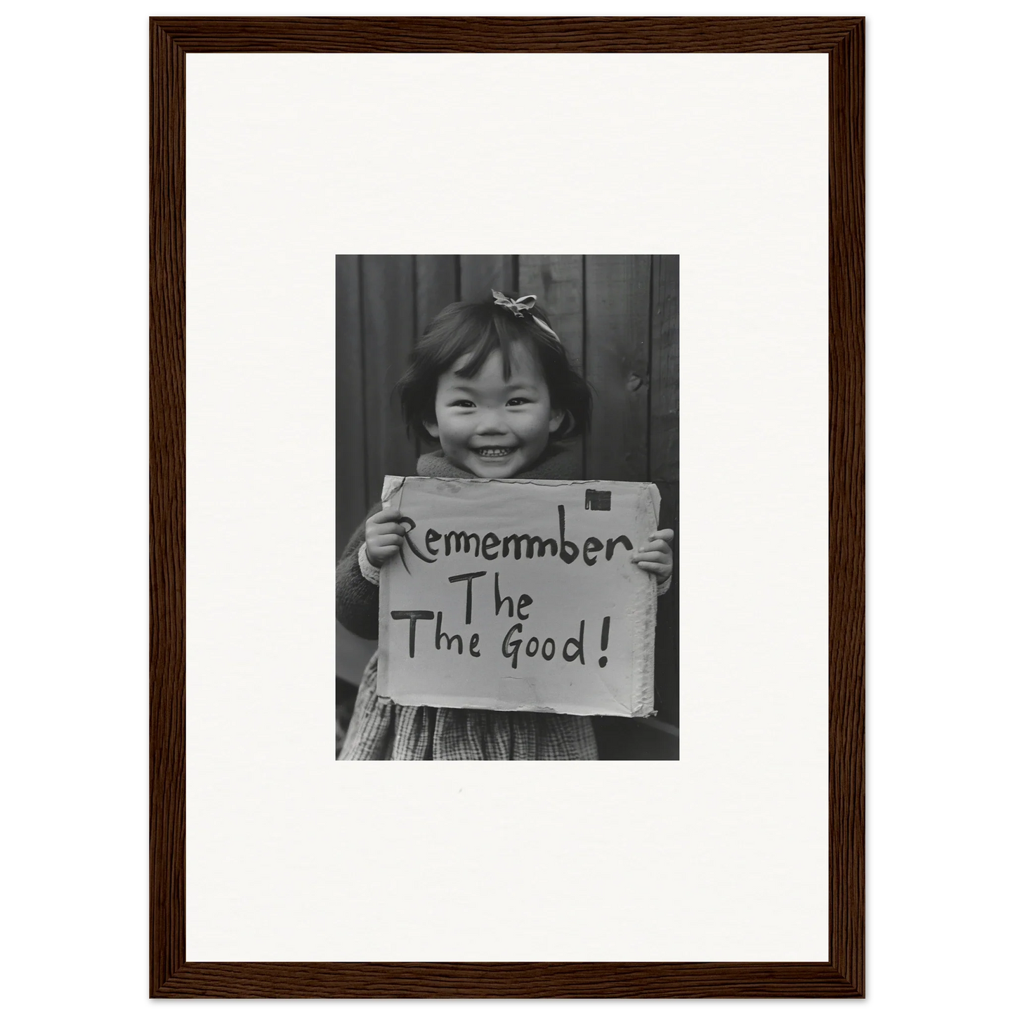 Framed wall art from Timeless Joy Parade featuring a child with a Remember the Good sign