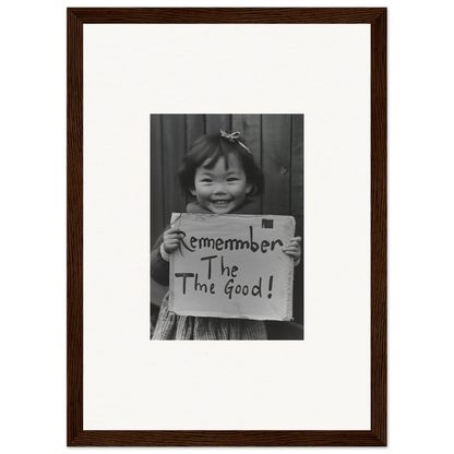 Framed wall art from Timeless Joy Parade featuring a child with a Remember the Good sign