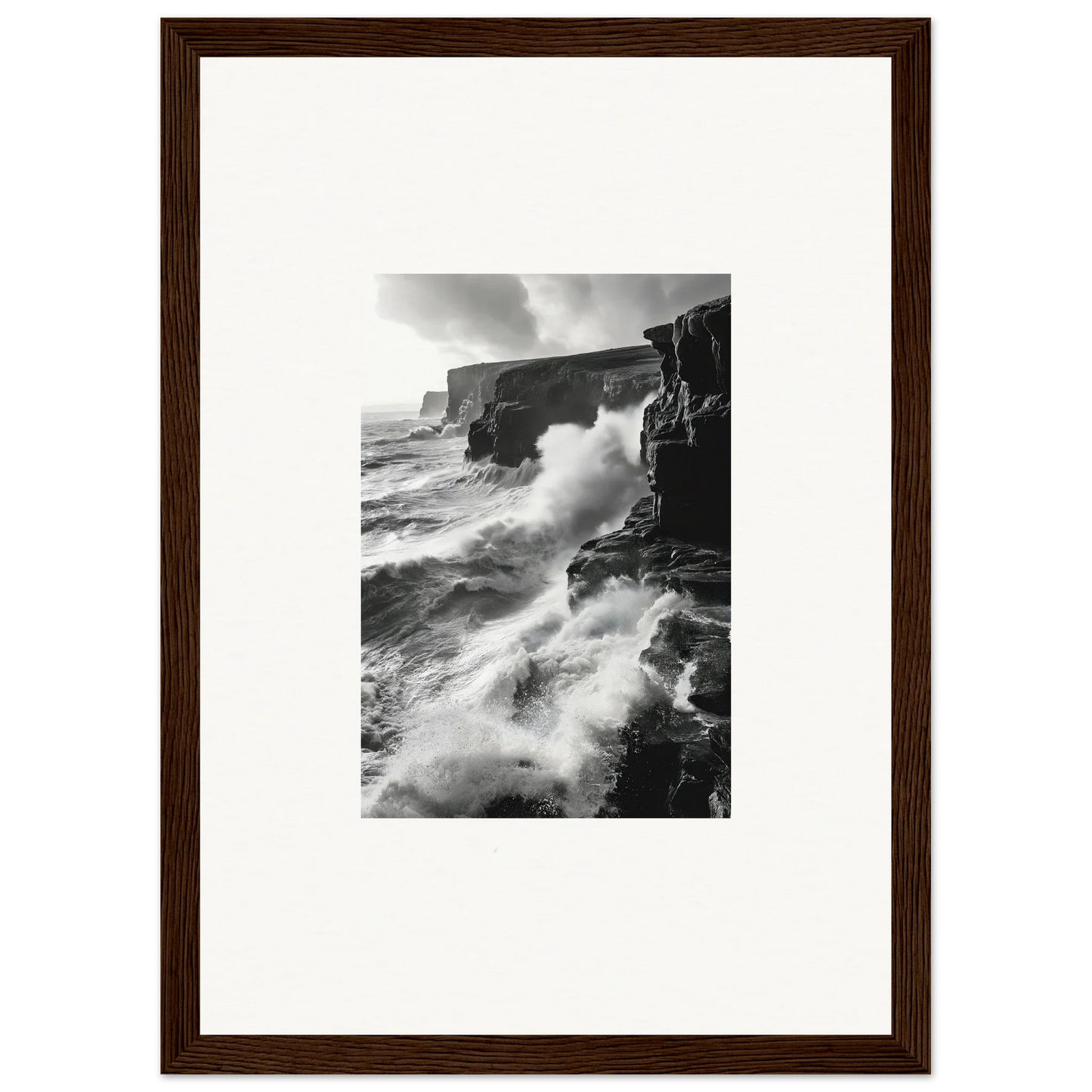 Dramatic black and white waves crashing on cliffs for Tempestuous Rock Ballet art™