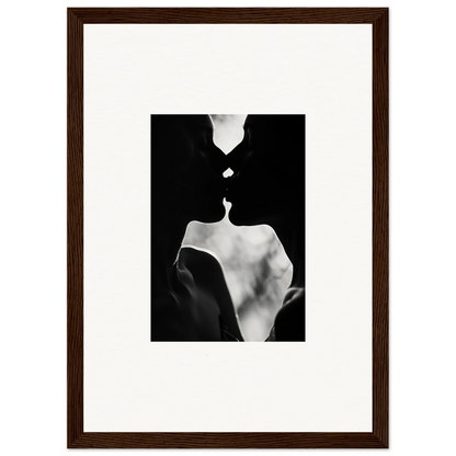 Black and white silhouette of two figures about to kiss in Shadowy Dawn Nuance art