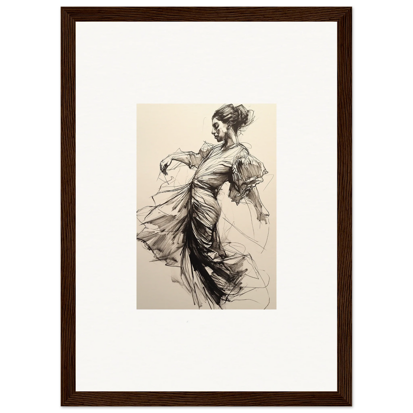 Elegant dancer sketch in flowing dress for Whirling Midnight Form framed wall art