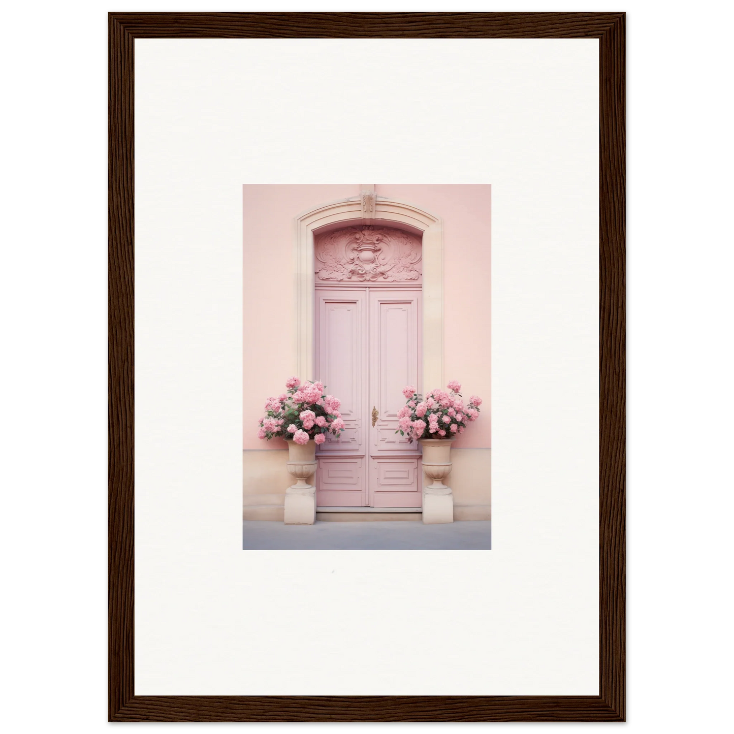 Pink door with ornate details and floral arrangements, part of Rosy Cosmos Gateway art