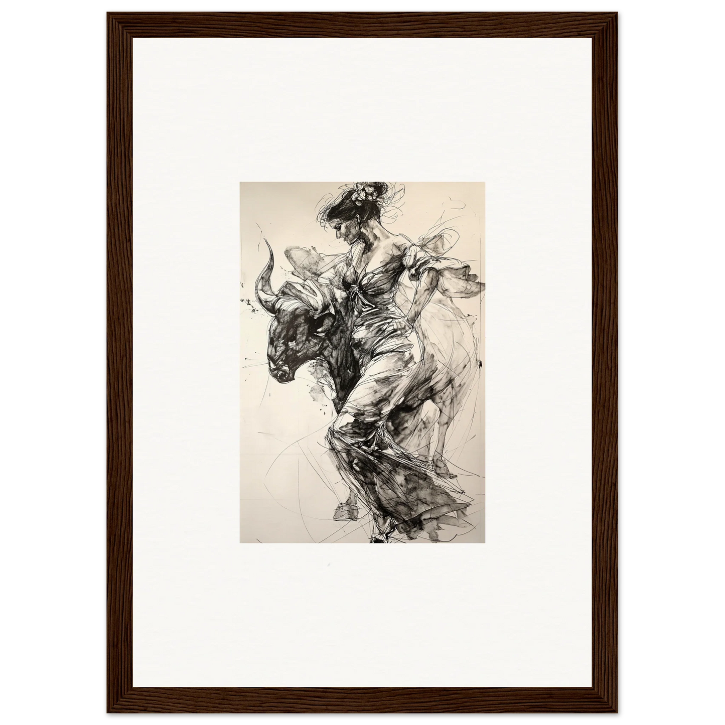 Dynamic black and white sketch of a bull rider for Labyrinthine Spanish Mirage art