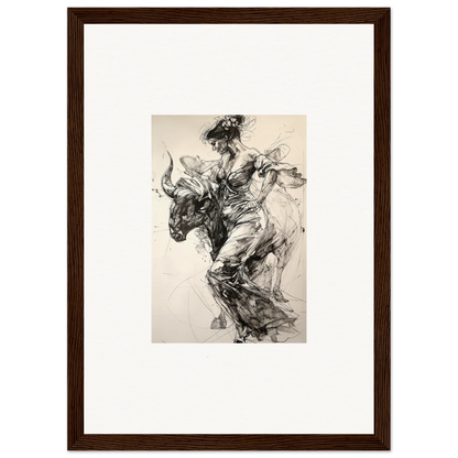 Dynamic black and white sketch of a bull rider for Labyrinthine Spanish Mirage art