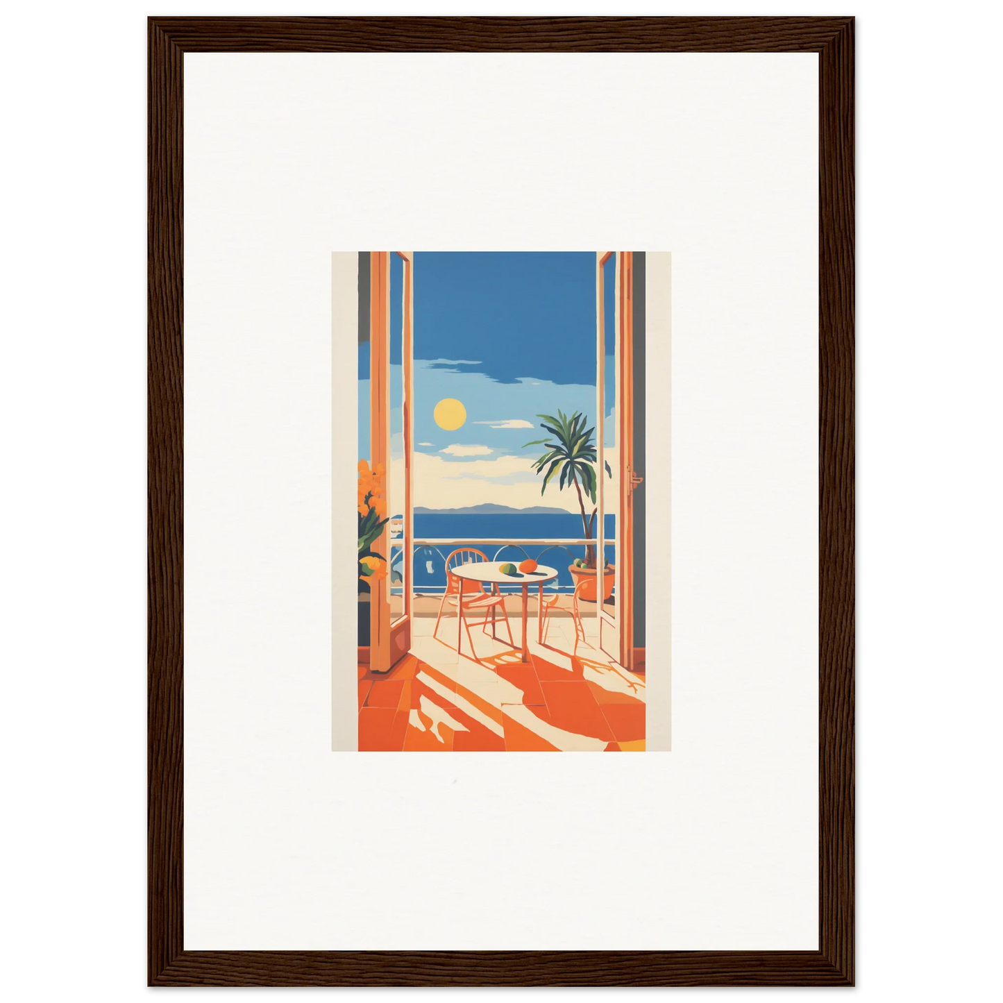 Framed poster of a seaside balcony view for Tranquil Mirage Brunch special edition art™