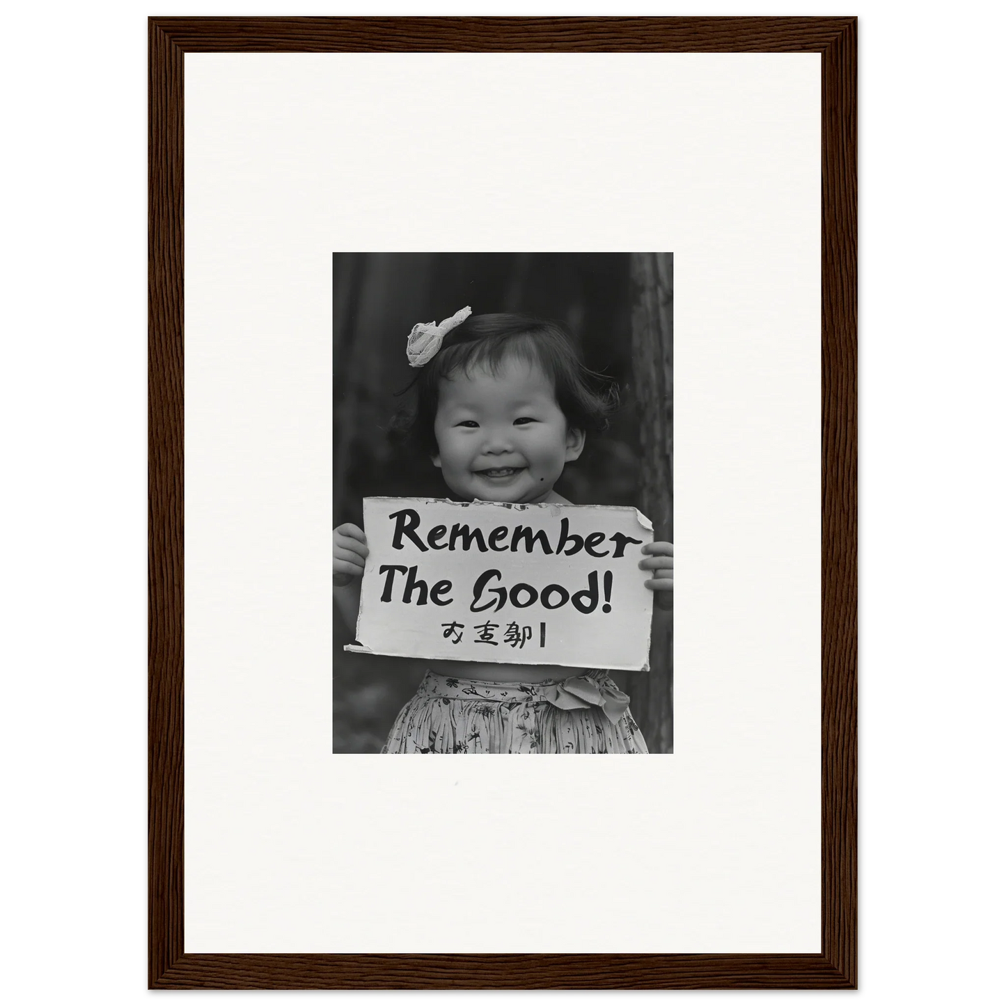 Framed black and white photo of someone holding a Remember The Good sign for Innocent Memory Echoes