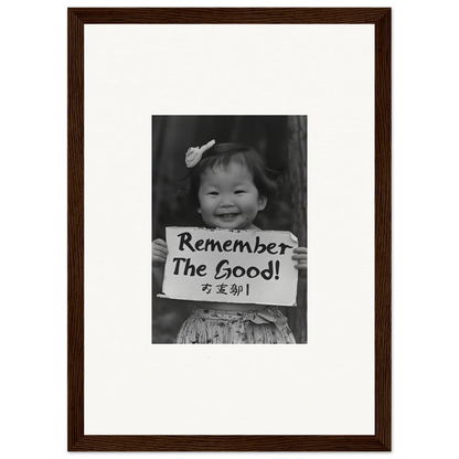 Framed black and white photo of someone holding a Remember The Good sign for Innocent Memory Echoes