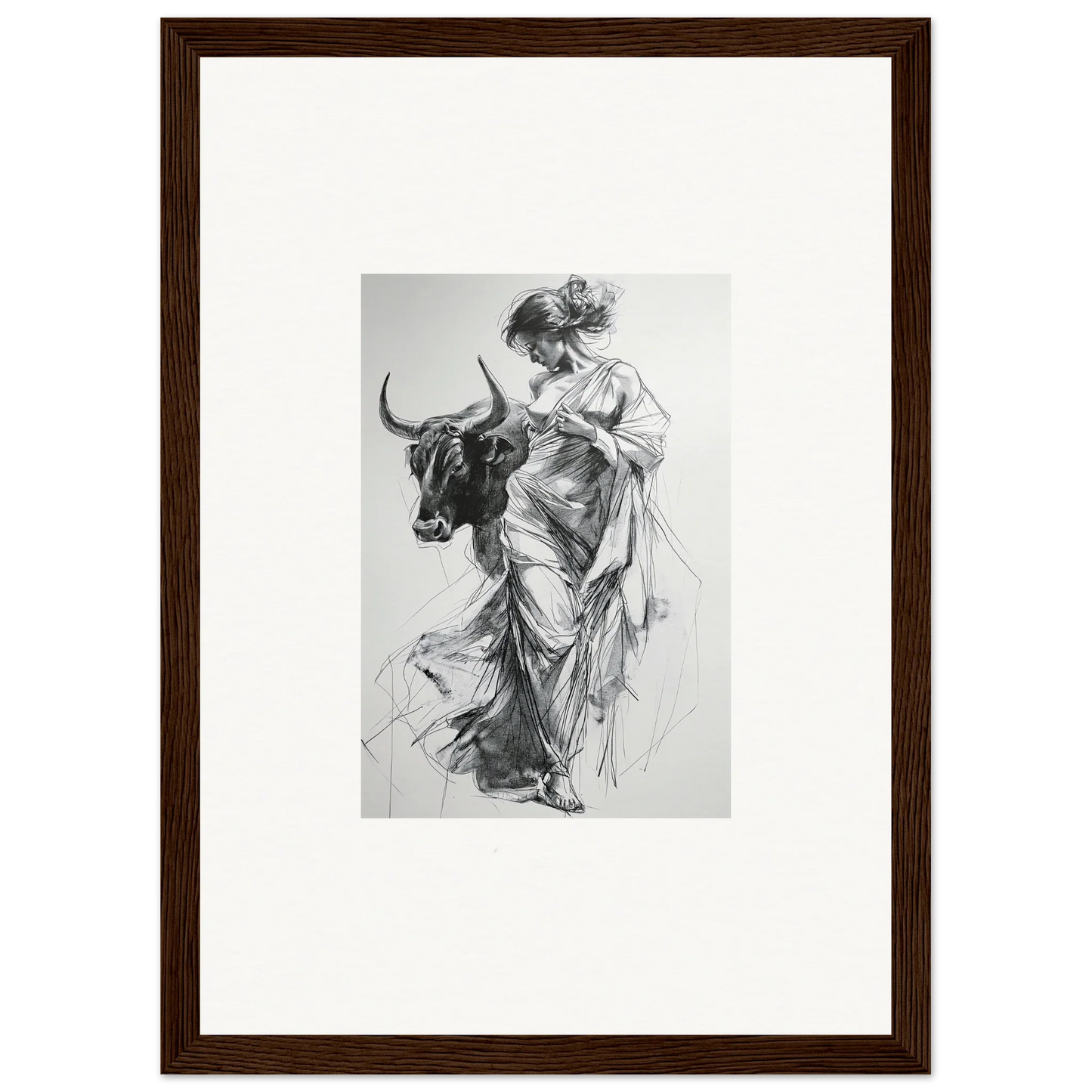 Black and white sketch of woman in flowing dress with bull for special edition art™