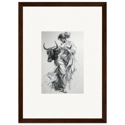 Black and white sketch of woman in flowing dress with bull for special edition art™