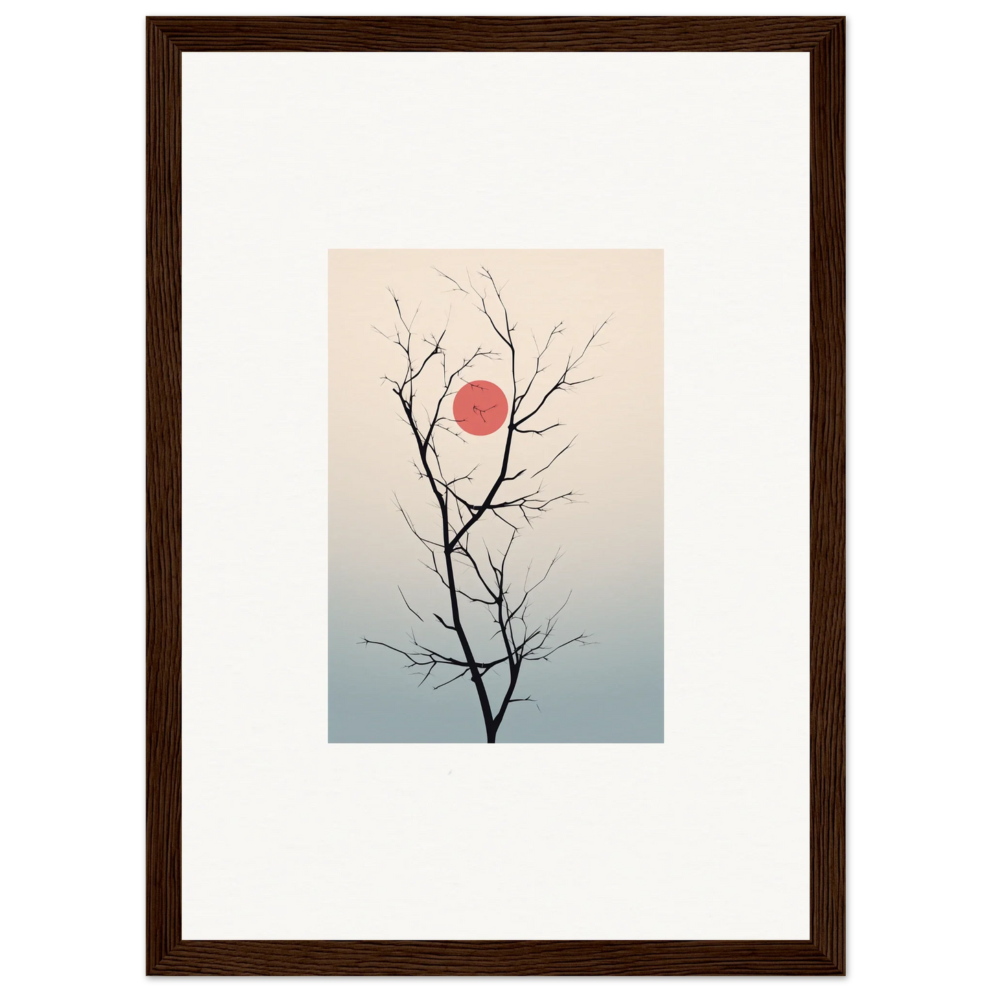 Bare tree branches silhouetted against a pink sun for Serene Eclipse wall art