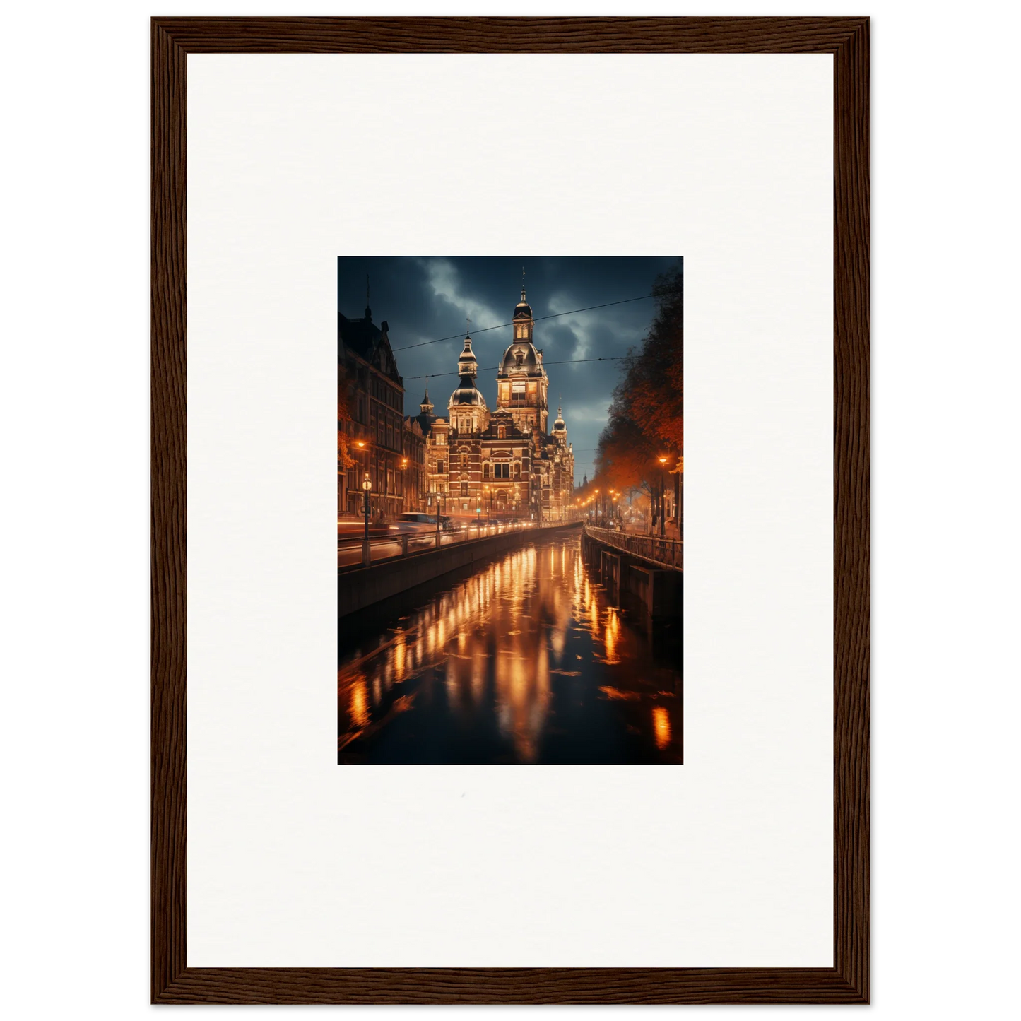 Framed photo of an illuminated church reflecting in water for Reflected Dreamscape Tides