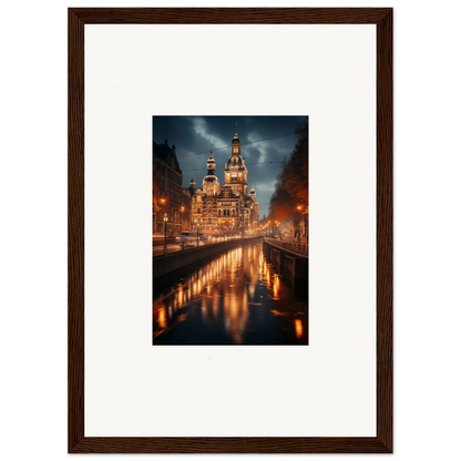 Framed photo of an illuminated church reflecting in water for Reflected Dreamscape Tides