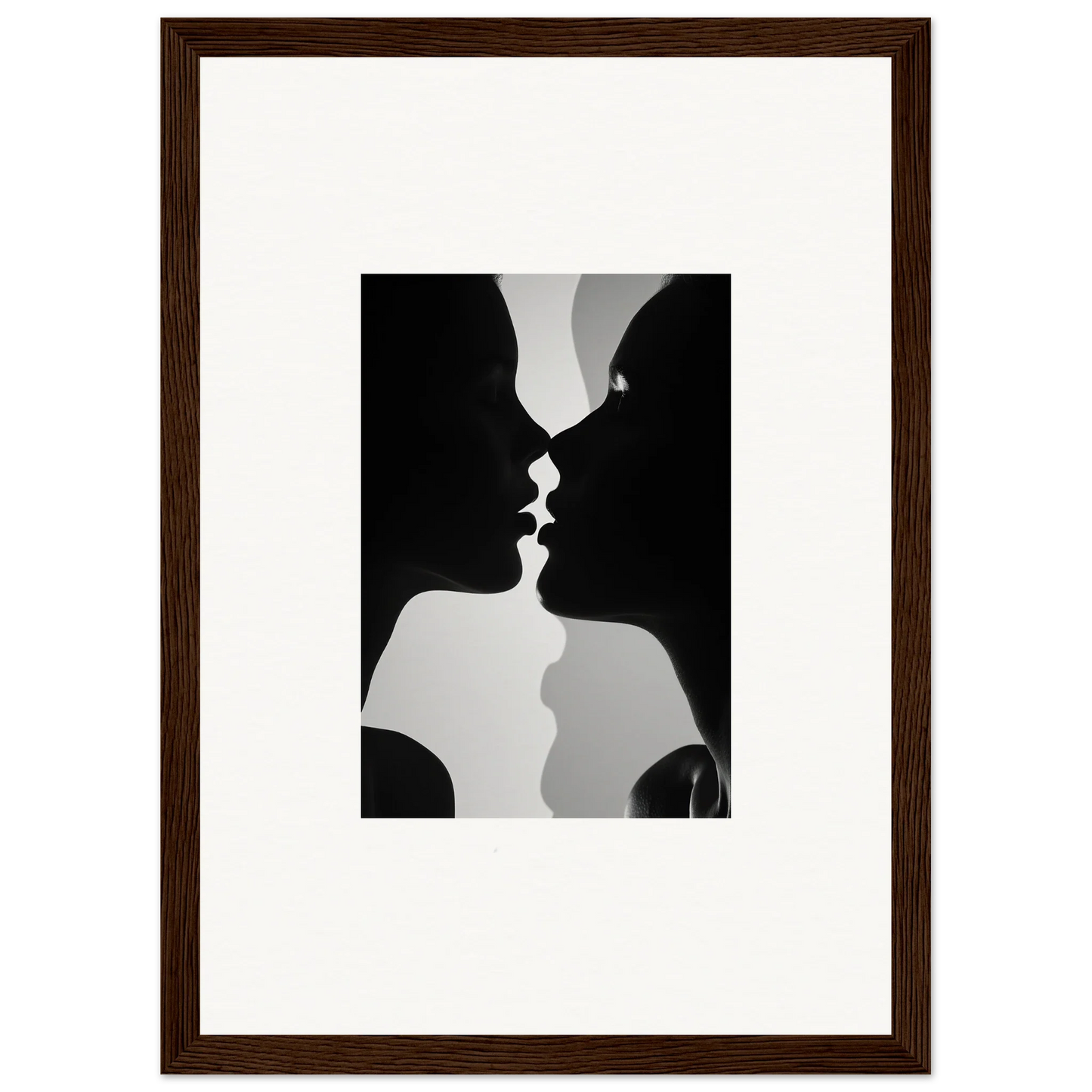 Black and white silhouette of a kiss in Nouveau Love Symphony framed wall art