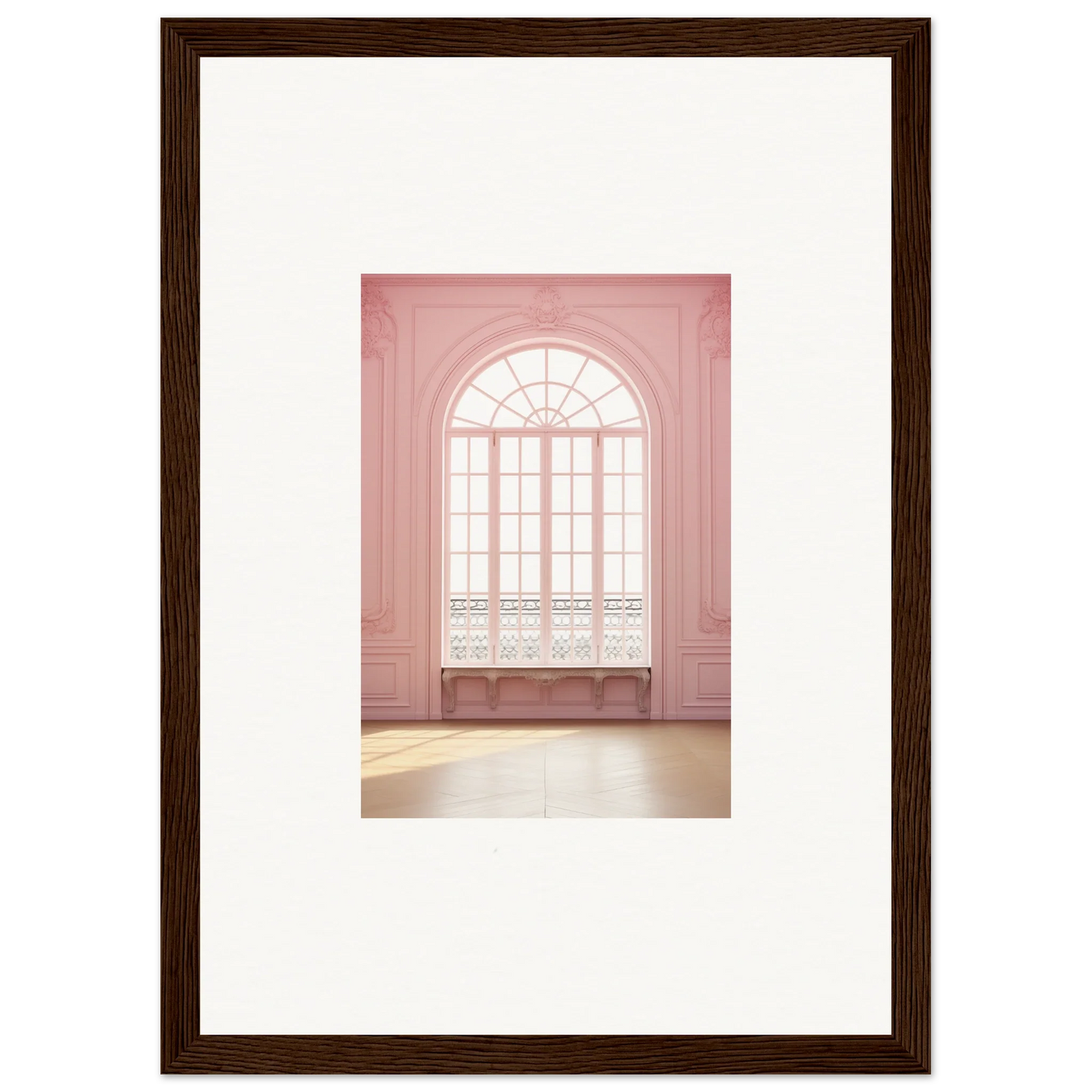 Arched window with delicate panes on soft pink wall in Ether Balcon Evolvement art