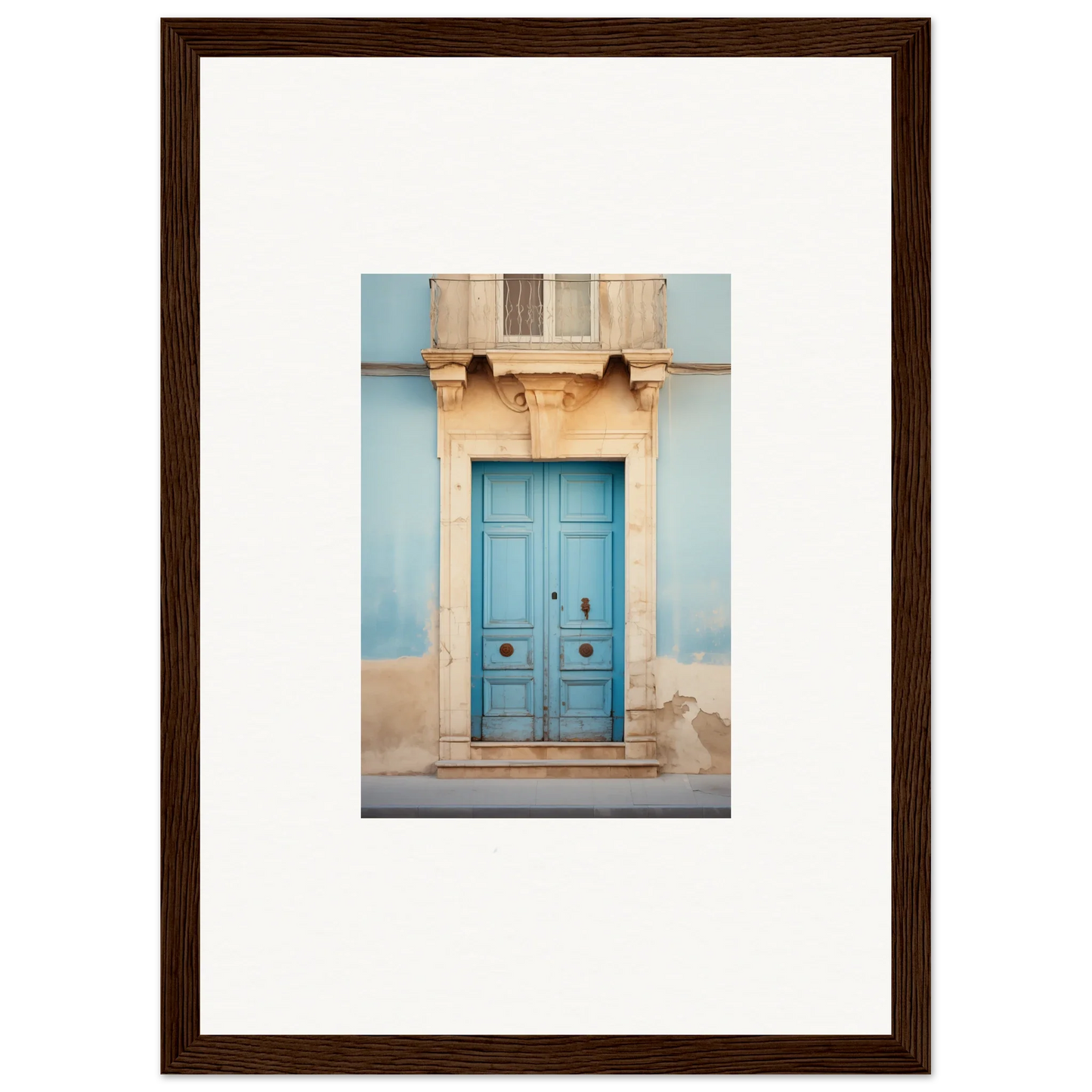 Bright turquoise wooden door with ornate stone trim for the Ephemeral Dreamscape Doorway